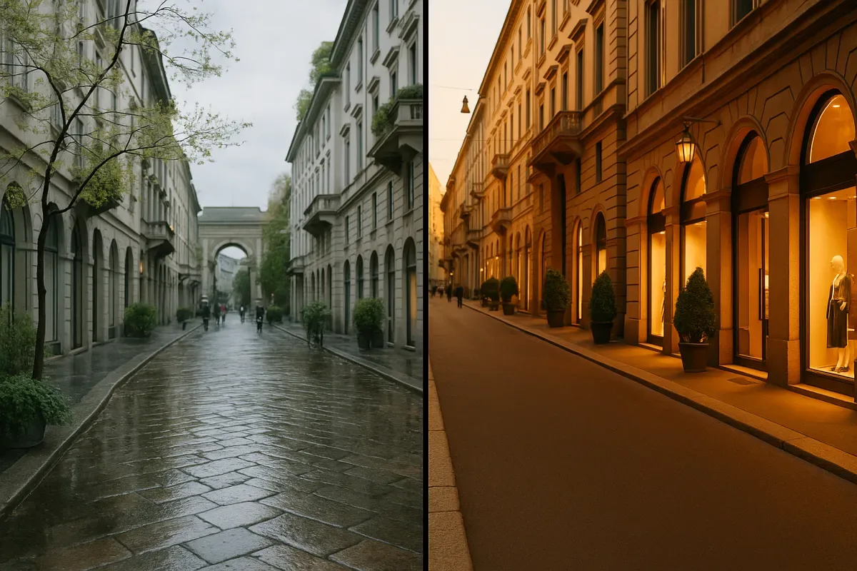 A comparison of Milan in April with design-focused spring atmosphere and September with fashion-week autumn energy.