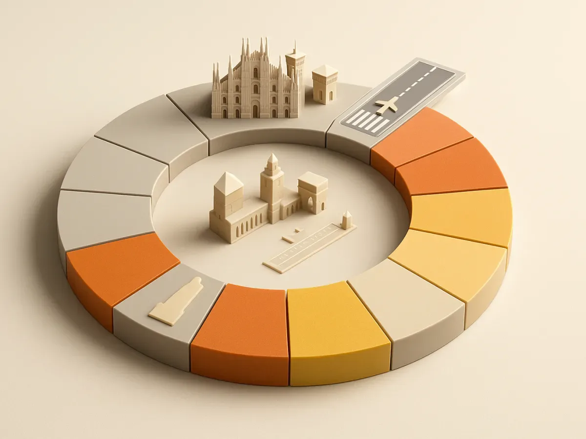 A stylized annual calendar wheel with highlighted periods for Milan’s main design and fashion event seasons.