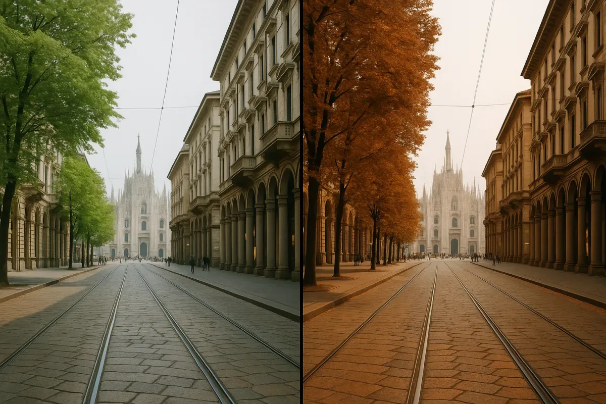A side-by-side view of Milan in late spring and early autumn, showing similar walking conditions but different city atmosphere.